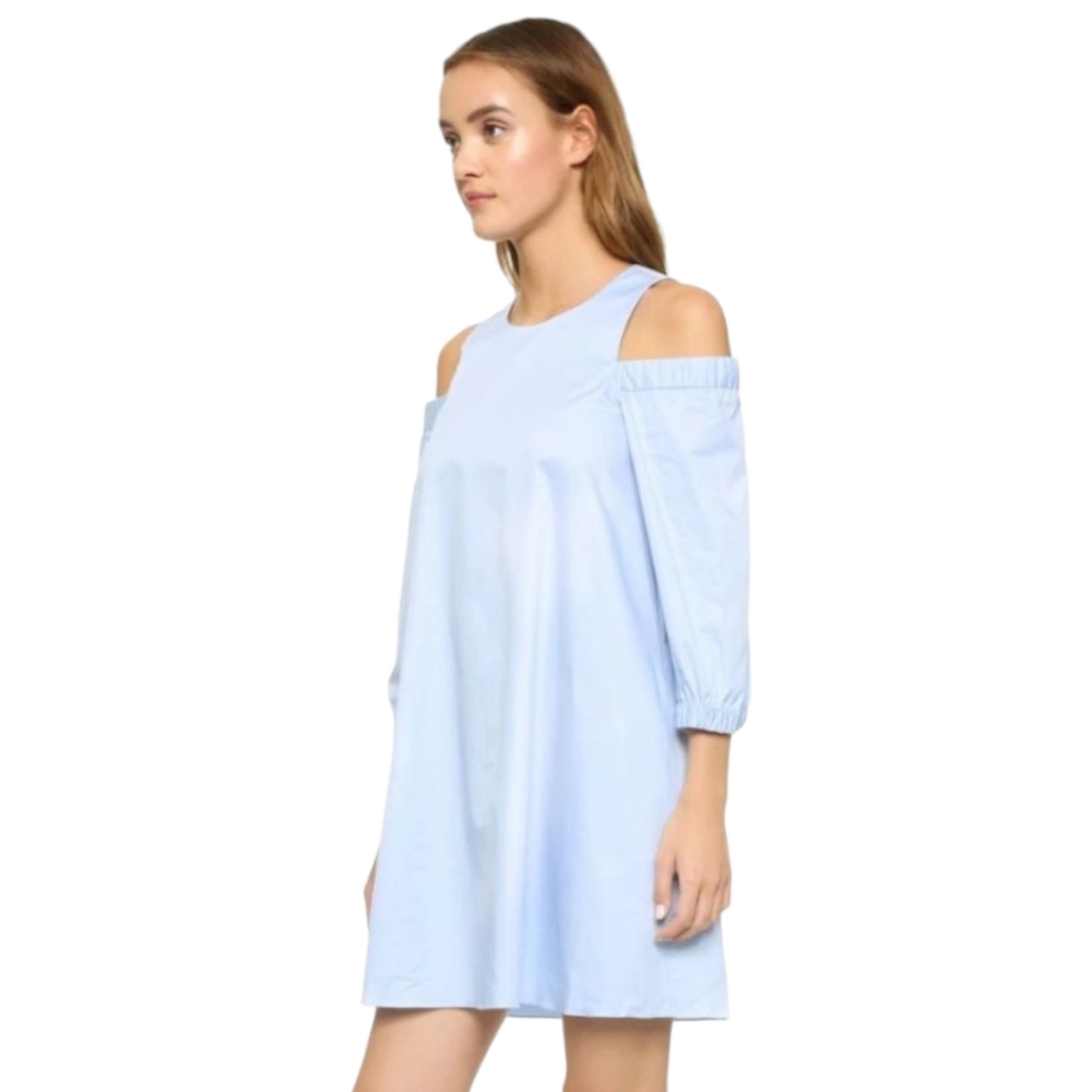 TIBI Cutout Shoulder 100% Cotton Poplin Dress in Light Blue SZ 10